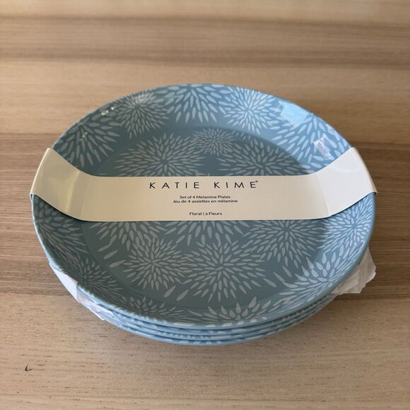 Katie Kime Set of 4 Melamine Plates Floral Turquoise Blue NEW - Picture 1 of 4